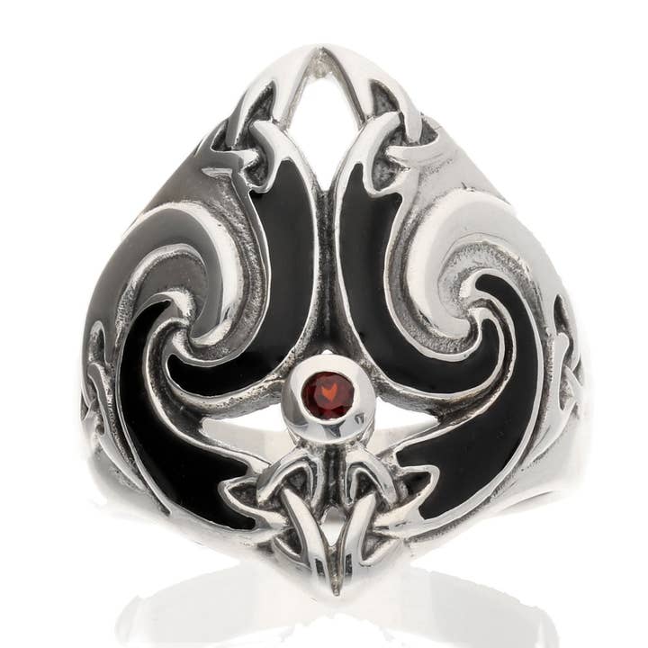 Silver Insanity – Engroshandel Statementring – Keltisk ankerring | Rød granat | Sterling sølv | Emalje