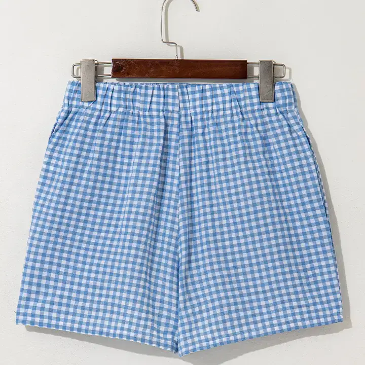 safistyle - Wholesale Shorts - Women's - Blue Gingham Printed High Waist Shorts1