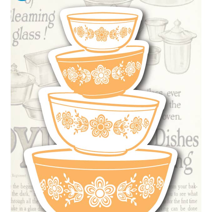 STICKER Gold Butterfly bowls stack vintage Pyrex theme for wholesale by ModMoxGoods