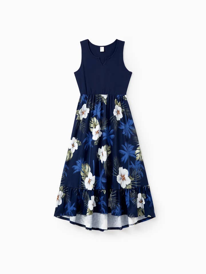 Deep Blue Family Matching Floral T-shirts or Splicing Sleeveless Dress for wholesale on Faire