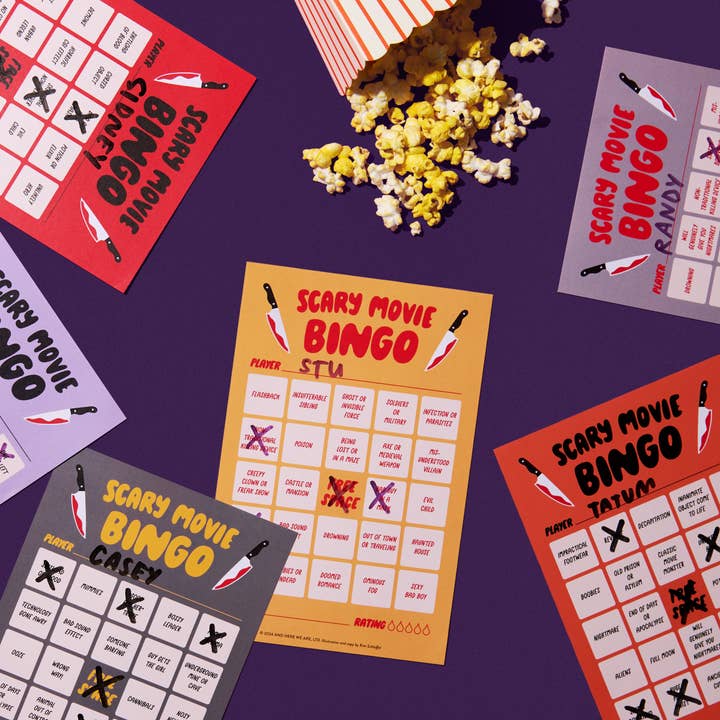 And Here We Are - Wholesale Board Game - Scary Movie Cheesy Movie Night Bingo - Halloween , Pop Culture, Father's Day gift, Fall game, Spooky, Fun, pop culture - Stocking stuffer, Holiday, Gift Guide1