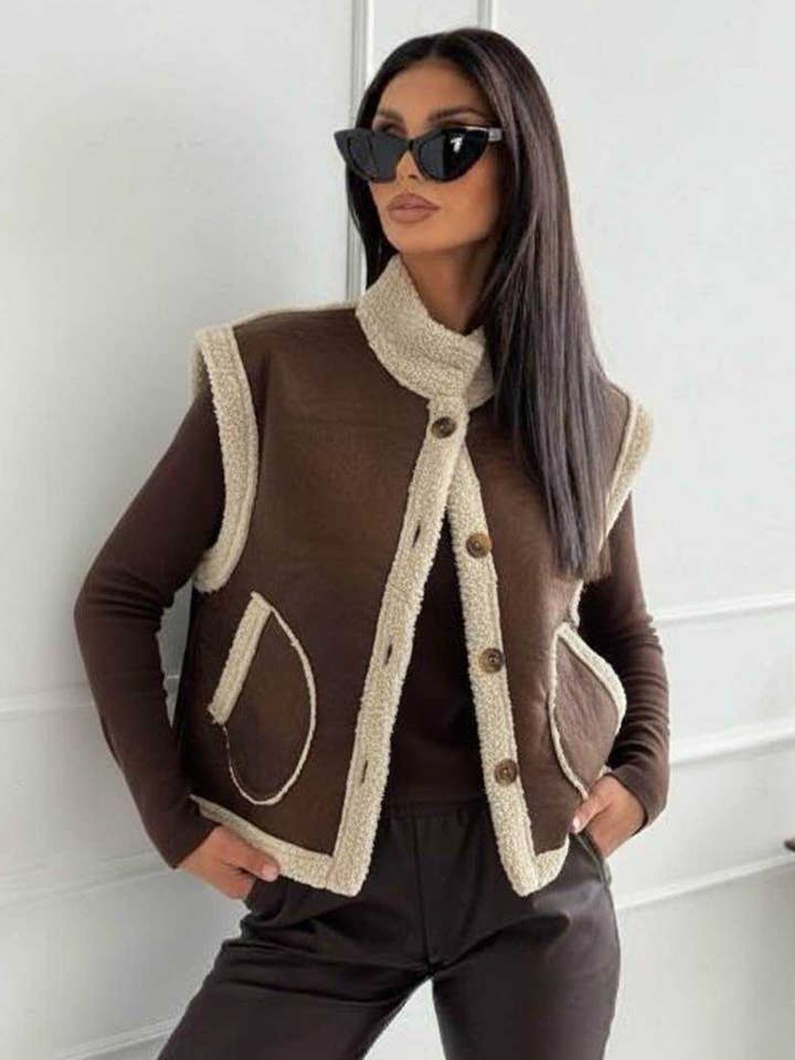 Nora Faux Shearling Trim Sleeveless Gilet Vest-Brown for wholesale by Catwalk Wholesale