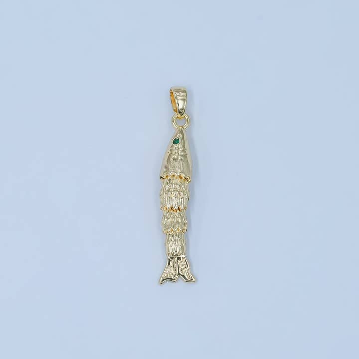 24K Gold Filled 30mm Green CZ Eye Artisan Fish Multidimensional 3D Charm | AA1494 for wholesale by Aim Eternal