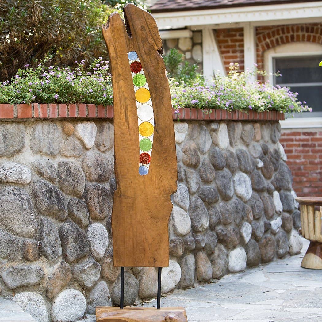 Garden Age Supply - Wholesale Decorative Tabletop Object - Stained Glass Art on Teak Slab Stand1