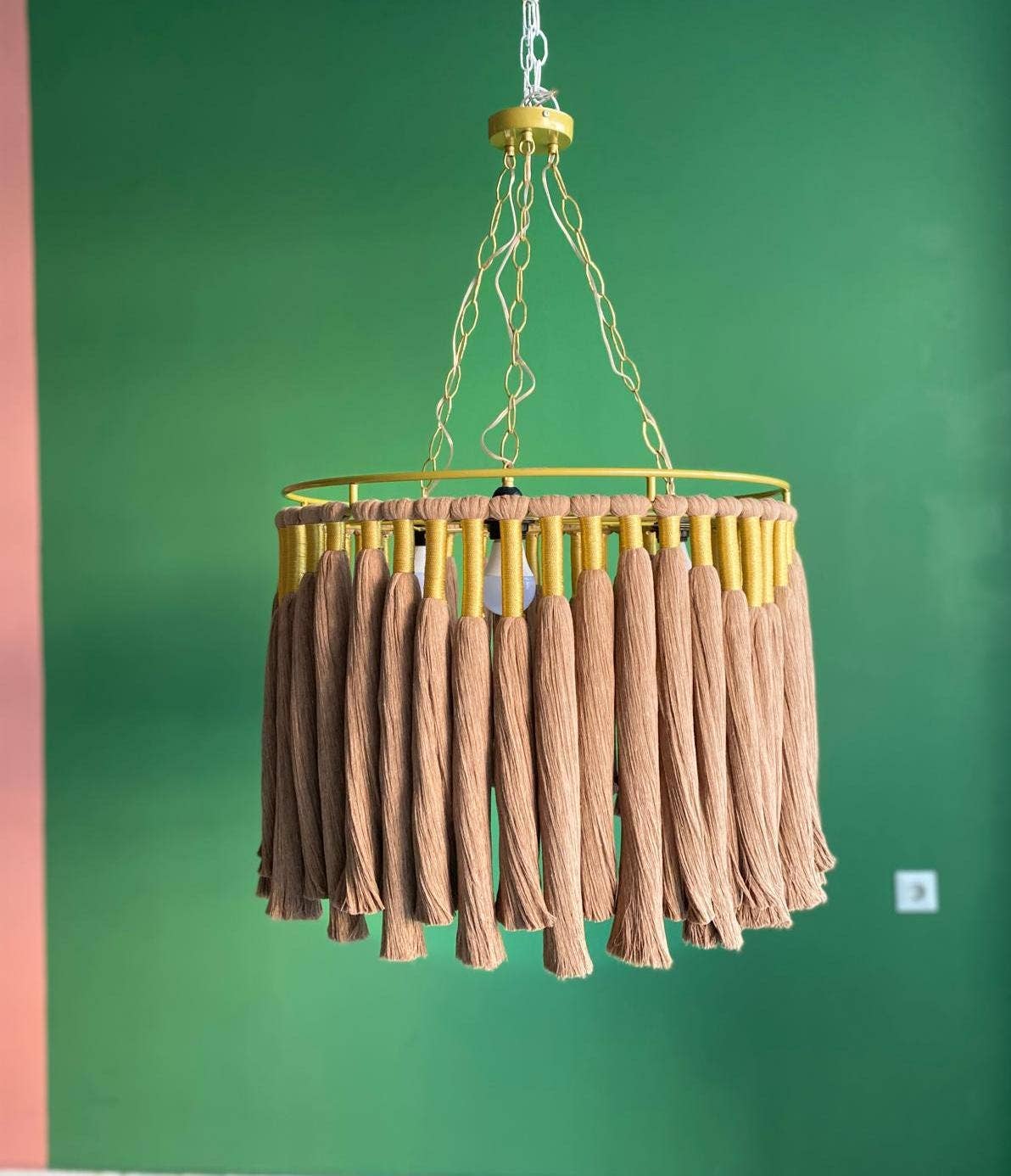 Joy's Arts - Wholesale Chandelier/Hanging Light - Boho Cotton Fringe Chandelier - Macrame Pendant Light, Nursery & Living Room Ceiling Lamp, Gold Accents7