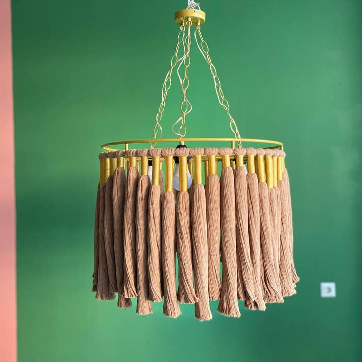 Joy's Arts - Wholesale Chandelier/Hanging Light - Boho Cotton Fringe Chandelier - Macrame Pendant Light, Nursery & Living Room Ceiling Lamp, Gold Accents7