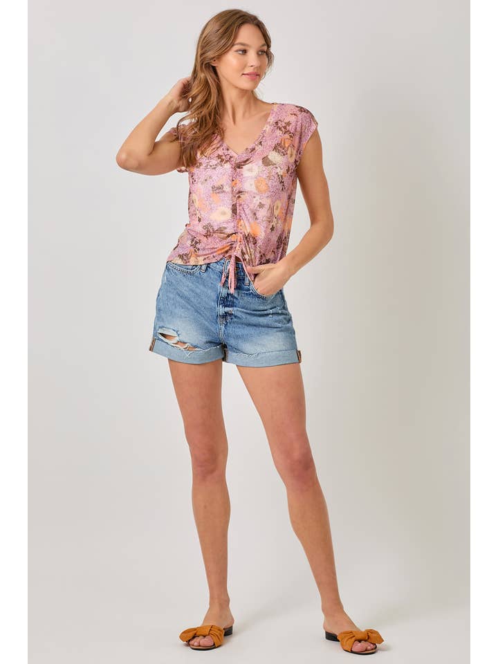 Mystree - Wholesale Blouse - Women's - 61049 Front String Detailed Printed Mesh Top