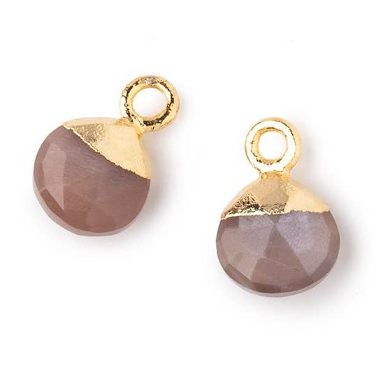 Beads of Cambay - Wholesale Individual charm/pendant - 7mm Gold Leafed Chocolate Moonstone Faceted Heart Set of 2 Pendants0