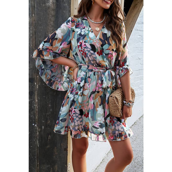 Supreme Fashion - Wholesale Dress - Women's - Floral V Neck Waist Tie Ruffle Hem Wrap Dress