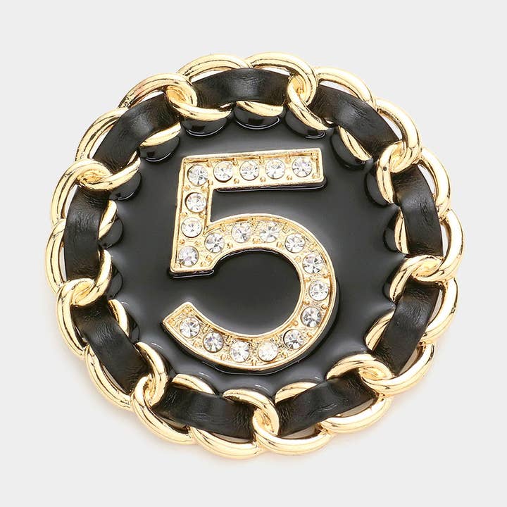 No. 5 Metal Chain Trimmed Round Pin Brooch for wholesale by Sensibling Corp.