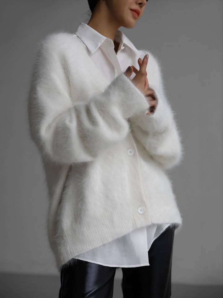 Rosa Clothing - Wholesale Cardigan - Women's - Fluffy V-neck Button-down sweater Cardigan
