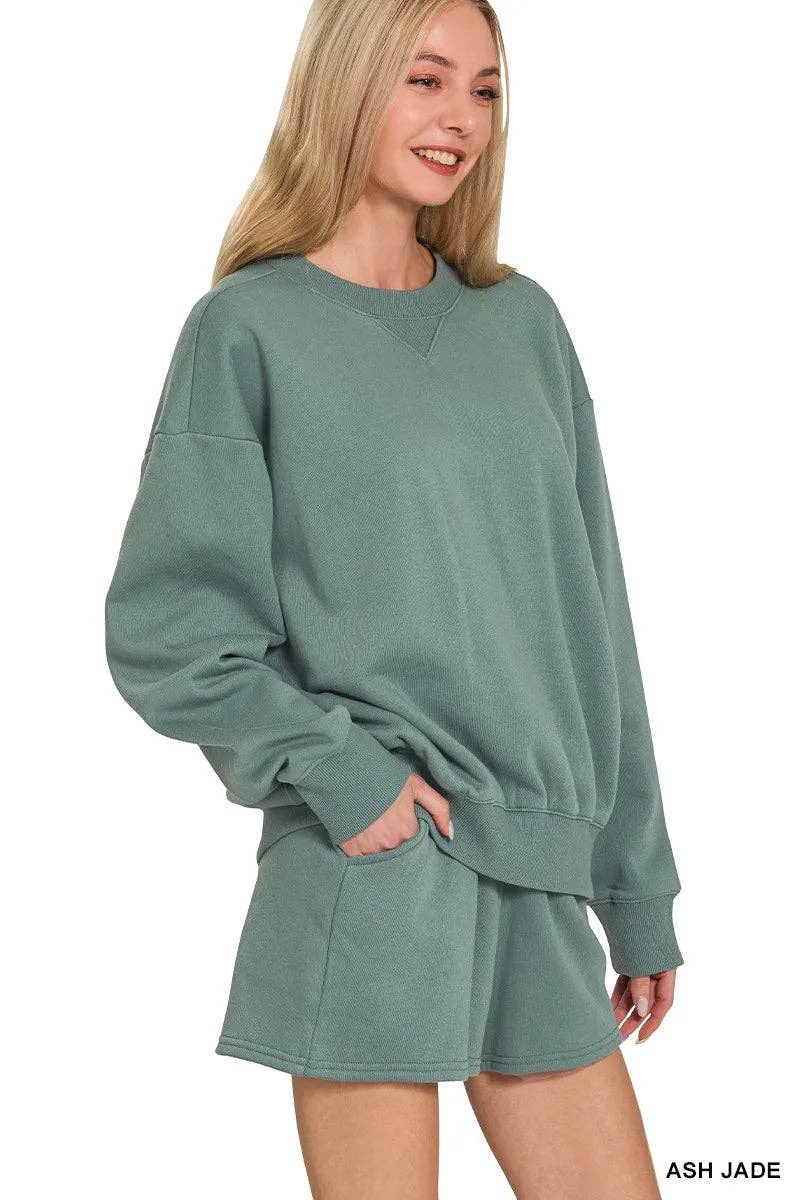 ASH JADE Zenana Fleece Long Sleeve Sweatshirts & Shorts Set for wholesale on Faire1