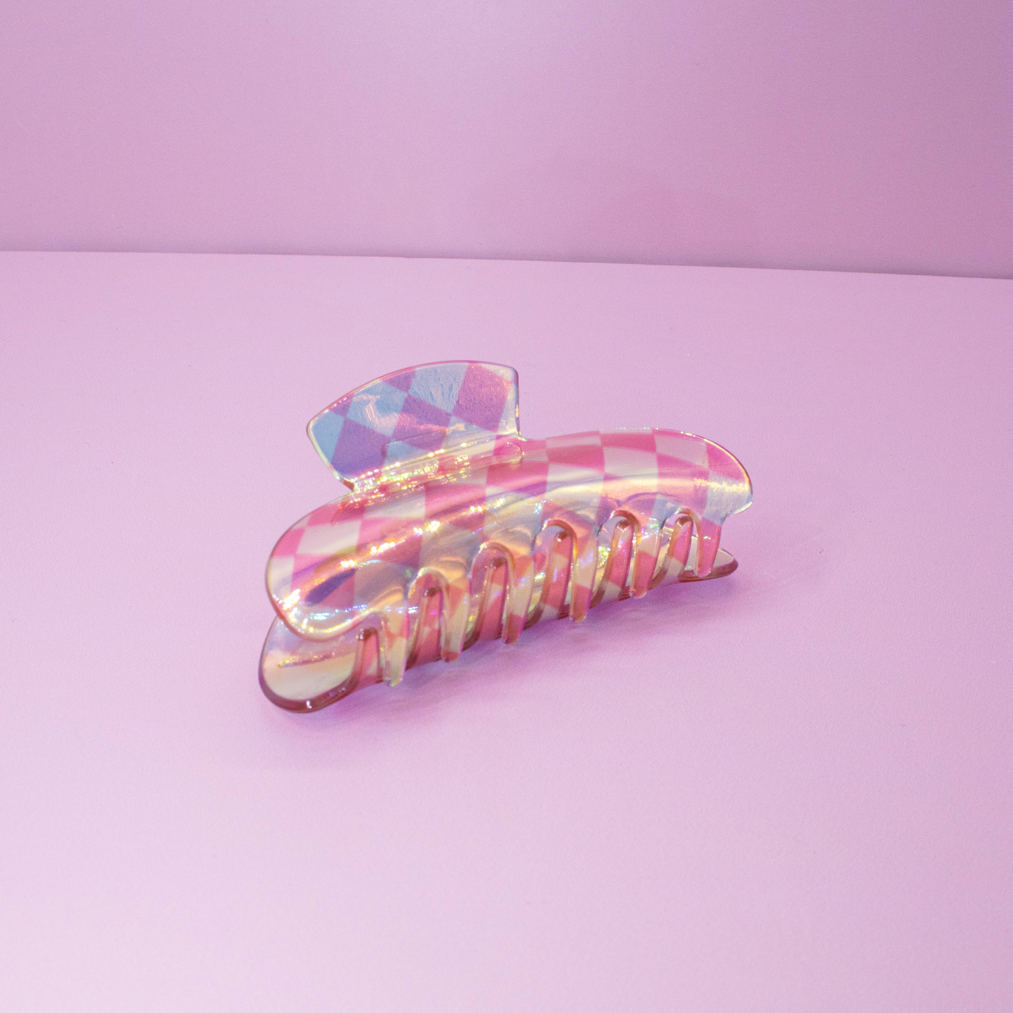 Frog Sac - Wholesale Hair Clip - Women's - Medium Round Iridescent Checkered Hair Claw Clip2