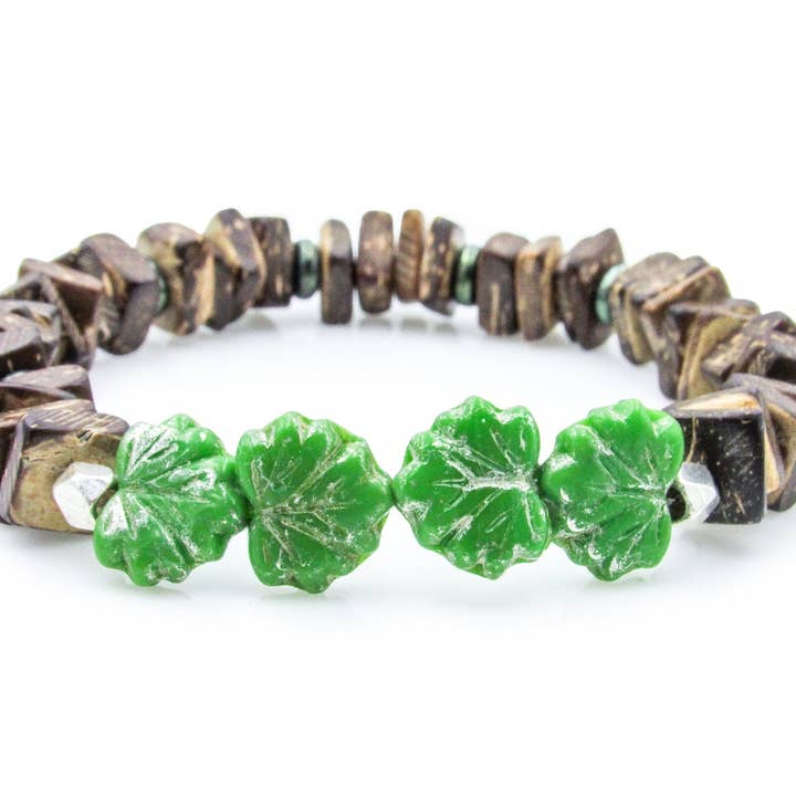 Green Leaves and Coconut Beads Stretch Bracelet for wholesale by Oh, Heart!