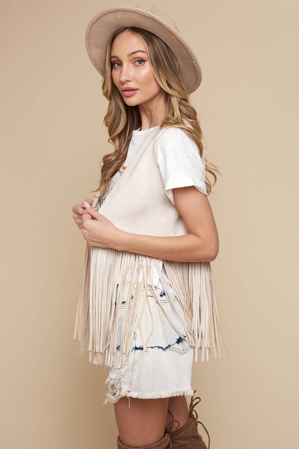 Saints & Hearts - Wholesale Outerwear Vest - Women's - SIJ5200A CREAM | WESTERN STYLE OPEN SOFT SUEDE FRINGE VEST2