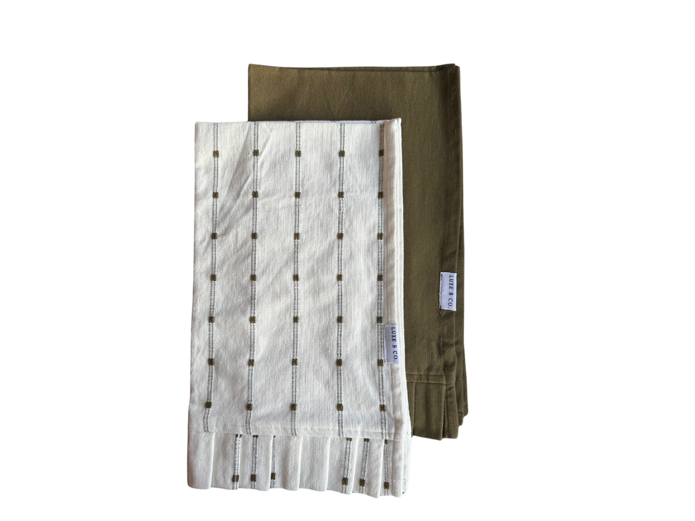 Luxe B Co - Wholesale Tea Towel - White Embroidery Olive Green Stripes Ruffle Kitchen Dish Towel3