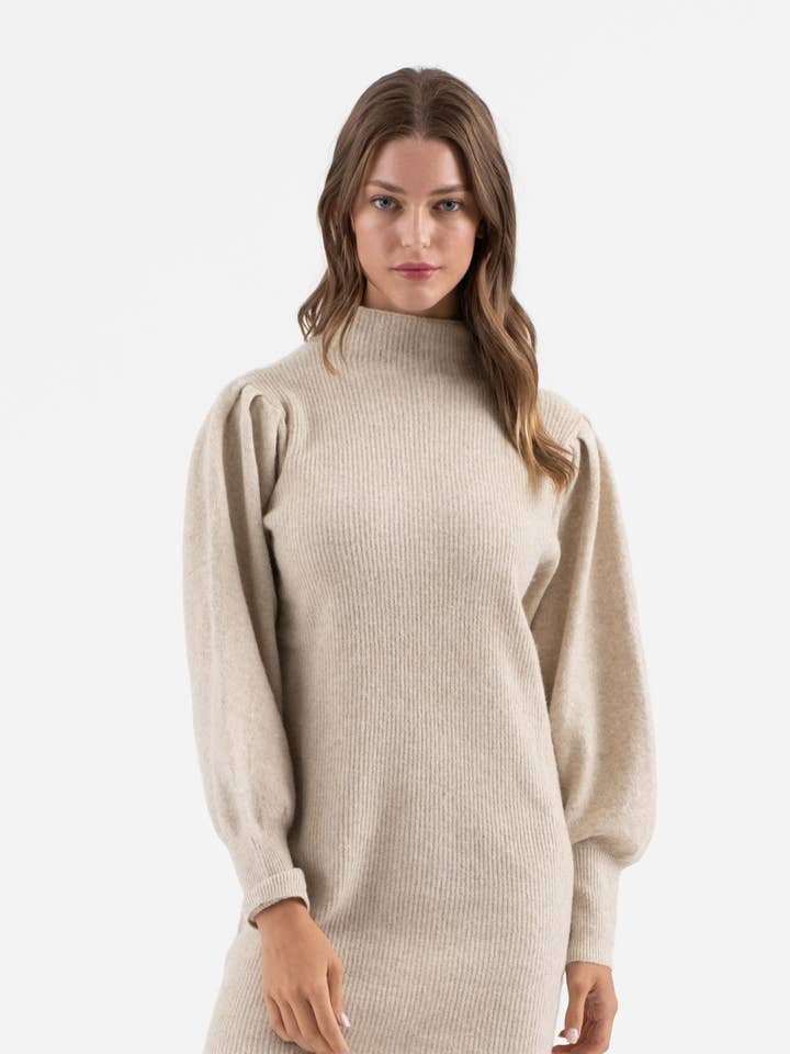 Blu Pepper - Wholesale Dress - Women's - MOCK NECK LONG PUFF SLEEVE KNIT SWEATER DRESS
