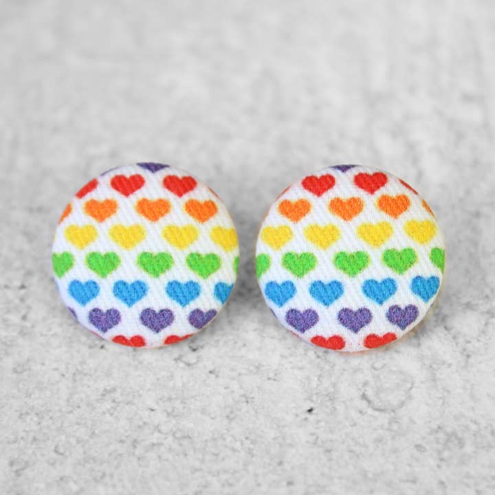 Bold 7/8 Inch Rainbow Hearts Fabric Button Earrings for wholesale by Rachel O's