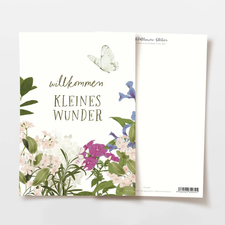 Postal de bienvenida con flores y mariposa para pequeño milagro para venta al por mayor de Wildblumen Atelier