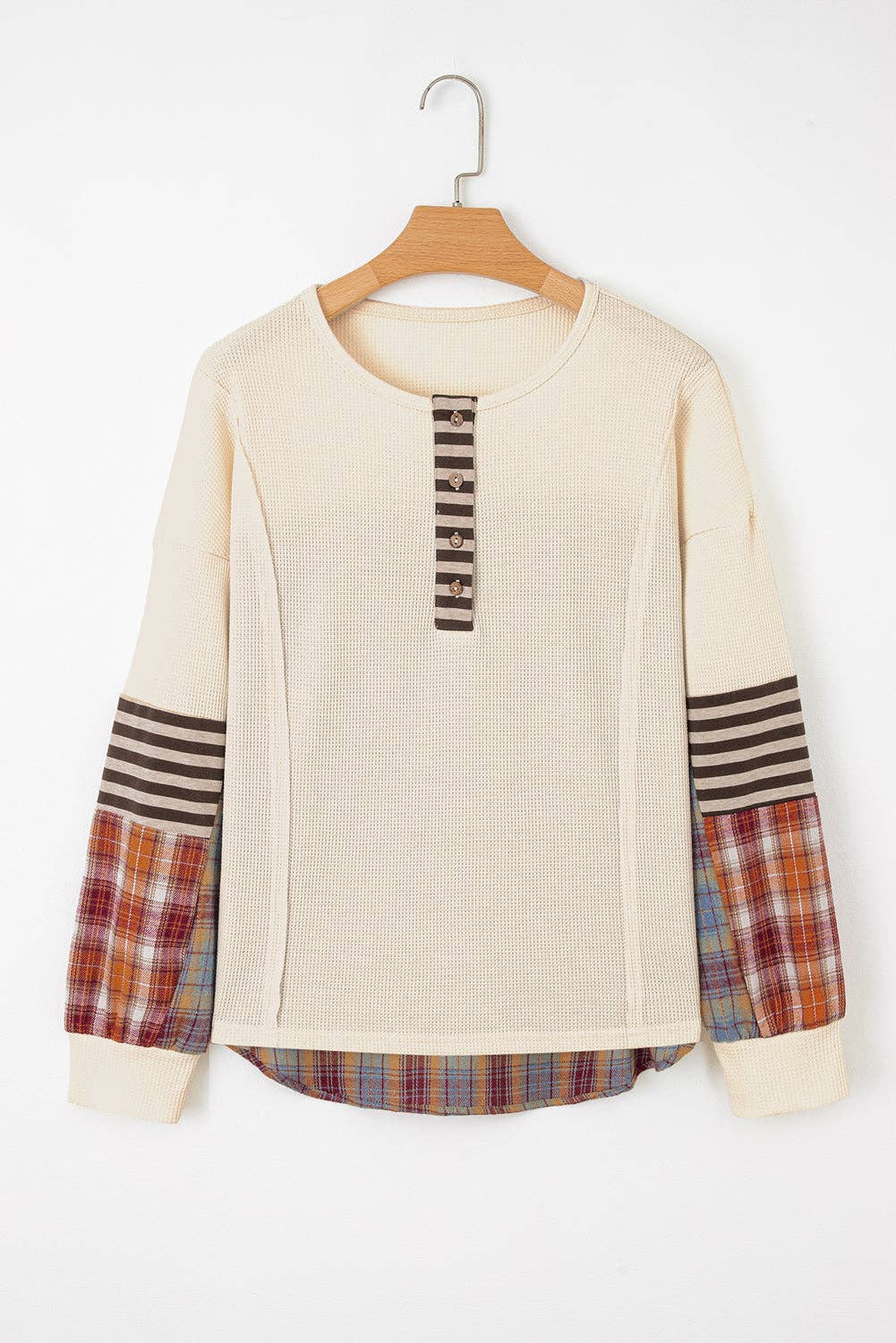 PRETTY BASH - Wholesale Knit Top - Women's - Stripe Plaid Patchwork Waffle Knit Henley Top2