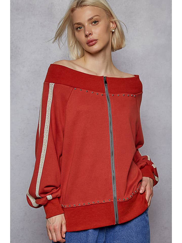 Pol Clothing - Wholesale Knit Top - Women's - Solid off shoulder lace trim detail French terry knit top7