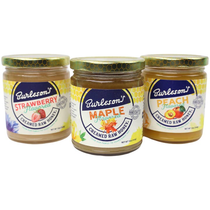 Burleson's Flavored Creamed Raw Honey, 12 Pack Variety (4 Strawberry, 4 Maple, 4 Peach) for wholesale by Burleson’s Honey