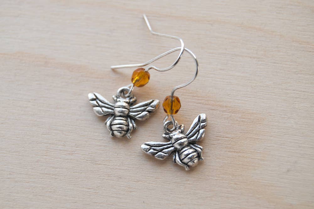 Enchanted Leaves - Wholesale Dangle Earrings - Tiny Silver Bee Earrings | Cute Honey Bumblebee Dangles3