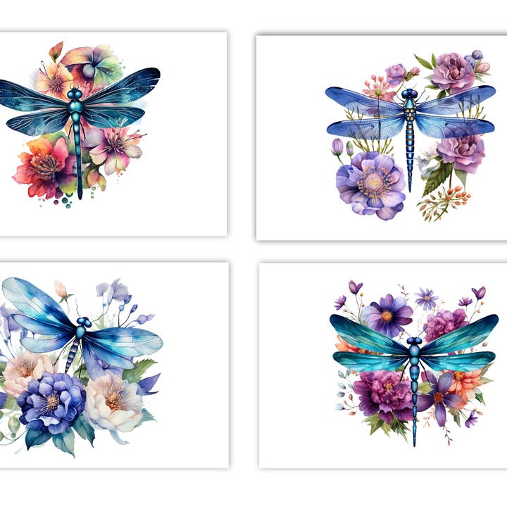 4 Dragonfly Blank Notecards Handmade 4x6 with 4 Handmade Dragonfly Stickers for wholesale by Blue Morning Expressions