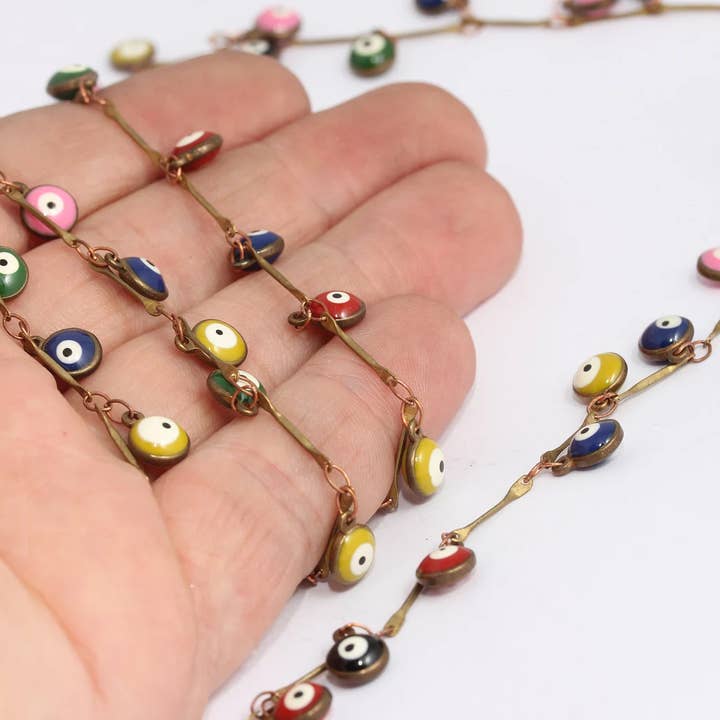 6,7mm Raw Brass Evil Eye Beaded Chain, KPT24 for wholesale by QueenJewelryM