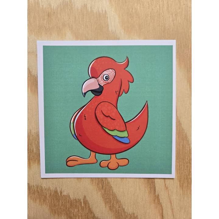 Red Parrot Mini Art Print, Cute Cartoon Bird Art for wholesale by Summer Break Studio