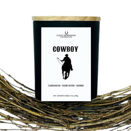 Lucky Horseshoe Candle Co. - Wholesale Jar/Filled Candle - Cowboy Soy Coconut 10oz Candle Black Matte Jar1