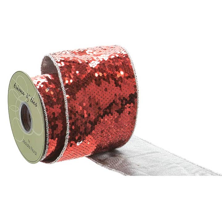 4"W x 5yd Sequin Ribbon Red Silver for wholesale by Silk Flower Depot