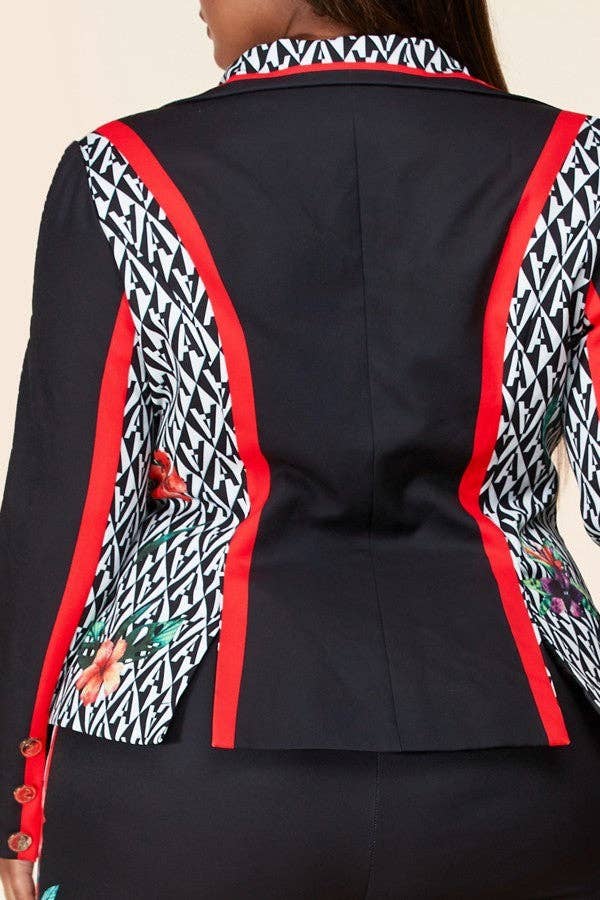 Plus-Size Black Flower Blazer Pant Suit Set for wholesale on Faire5