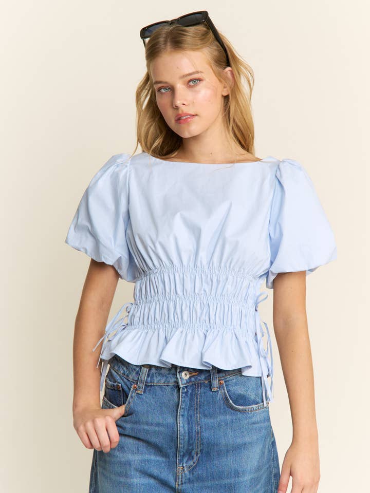 Spring Boat Neckline Smocked Puff Sleeves Top for wholesale by In The Beginning