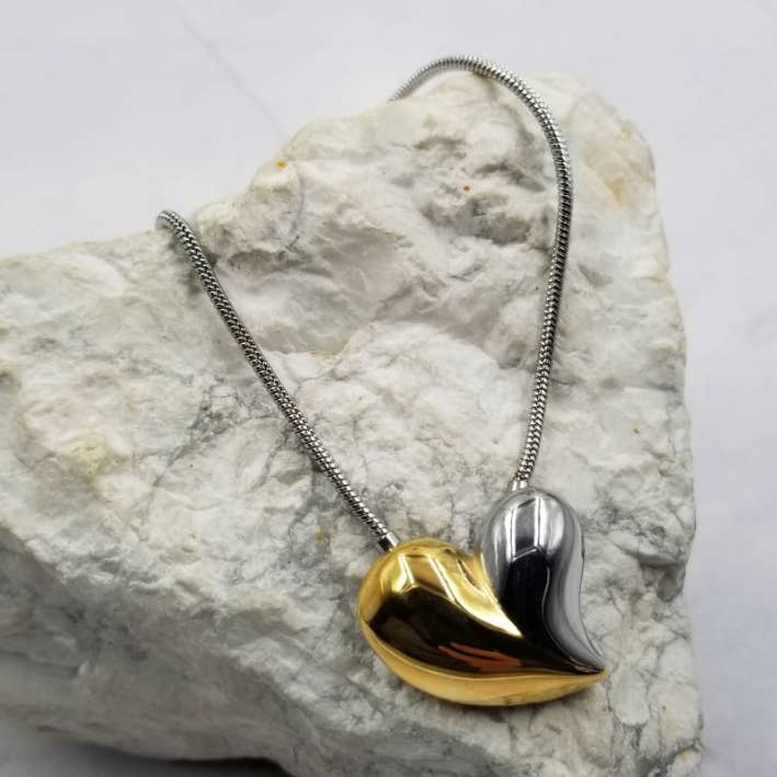 Novelty Gold & Silver Heart Pendant Necklace - Valentines for wholesale by The Pretty Jewellery