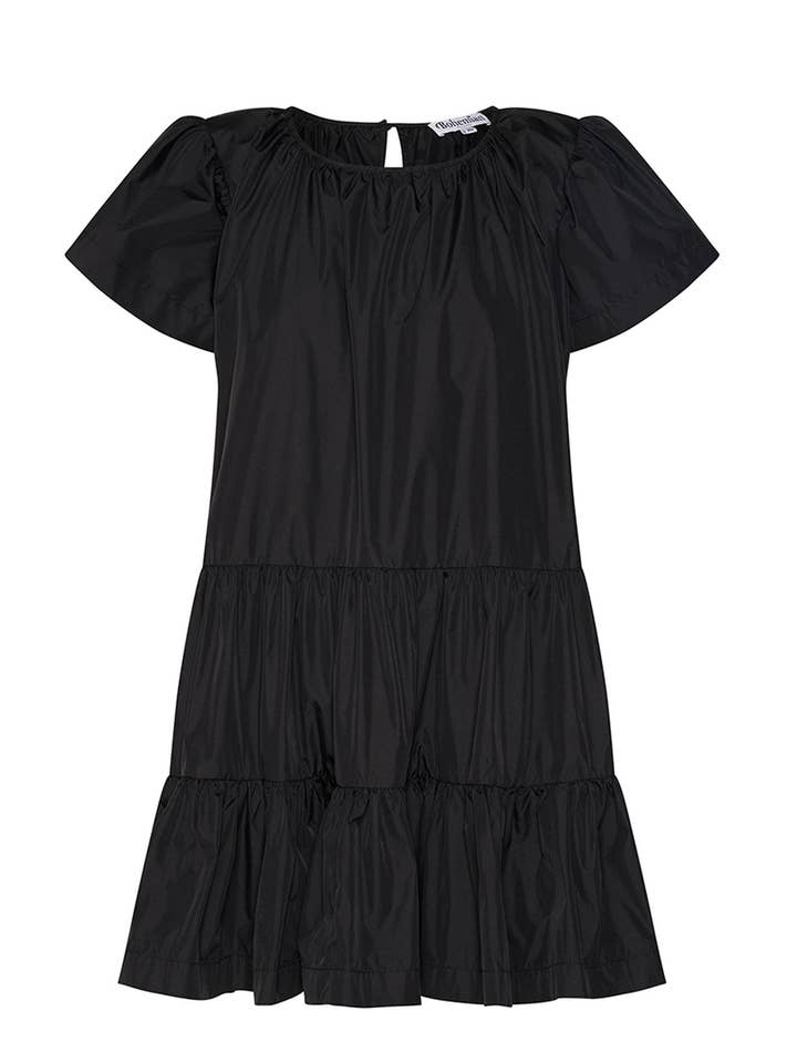 Tiered Flutter Sleeve Mini Dress In Black Taffeta for wholesale by Bohemian Traders