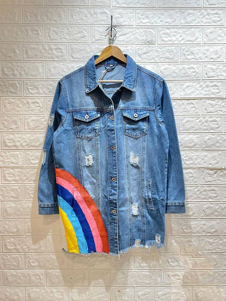 Oversized Graphic Detail Distressed Blue Wash Denim Jacket for wholesale by DenimVista