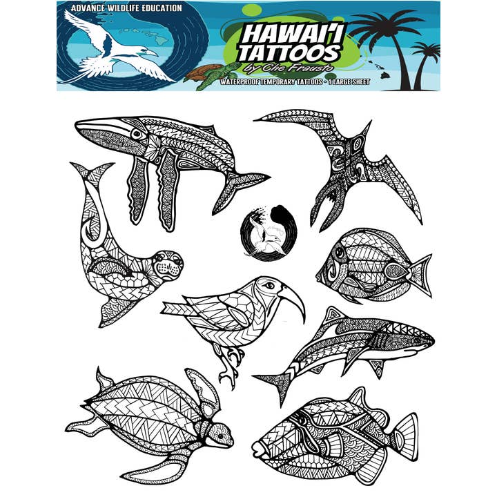 Advance Wildlife Education LLC - Vente Tatouages temporaires - Grande feuille de tatouage hawaïen (noire)