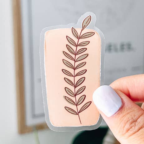 CLEAR Green Vine on Boho Pink Canvas Sticker 3x1.5 in for wholesale by Jackie Design Co.