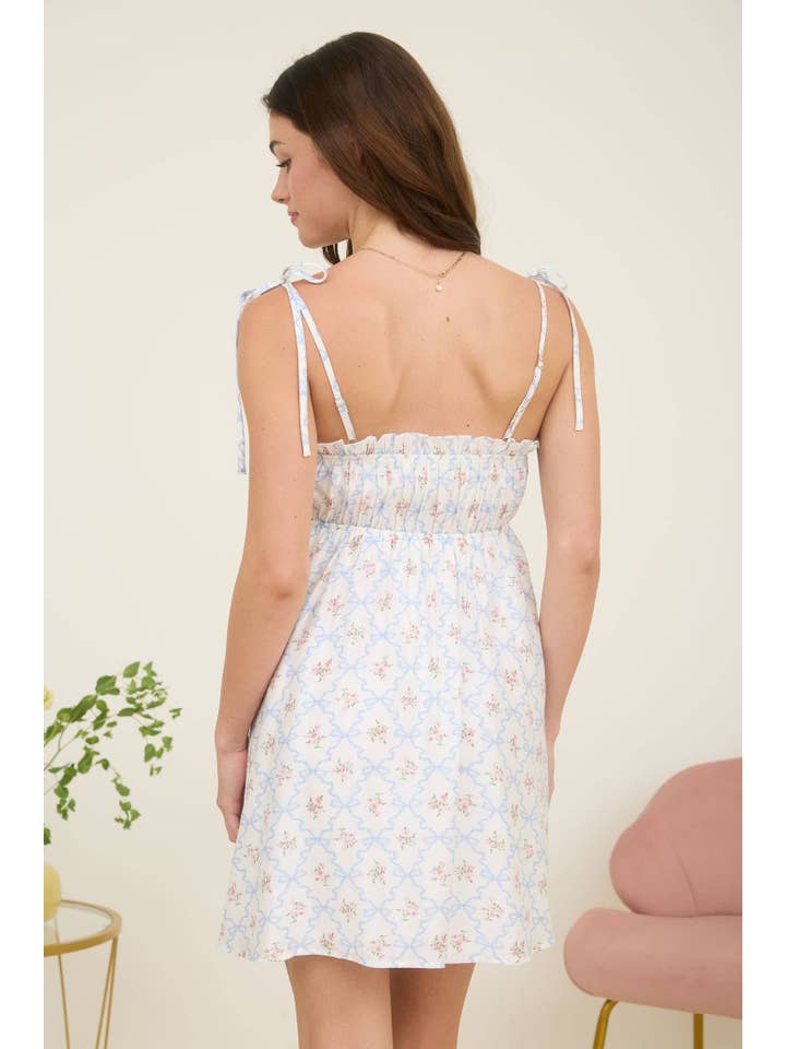 MINE - Wholesale Dress - Women's - FLORAL BOW PATTERN TIE STRAP MINI DRESS