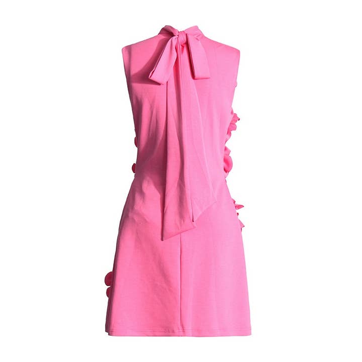Productseeker - Wholesale Dress - Women's - DR413Y Pink Stand Collar Sleeveless 3D Flower Short Dress