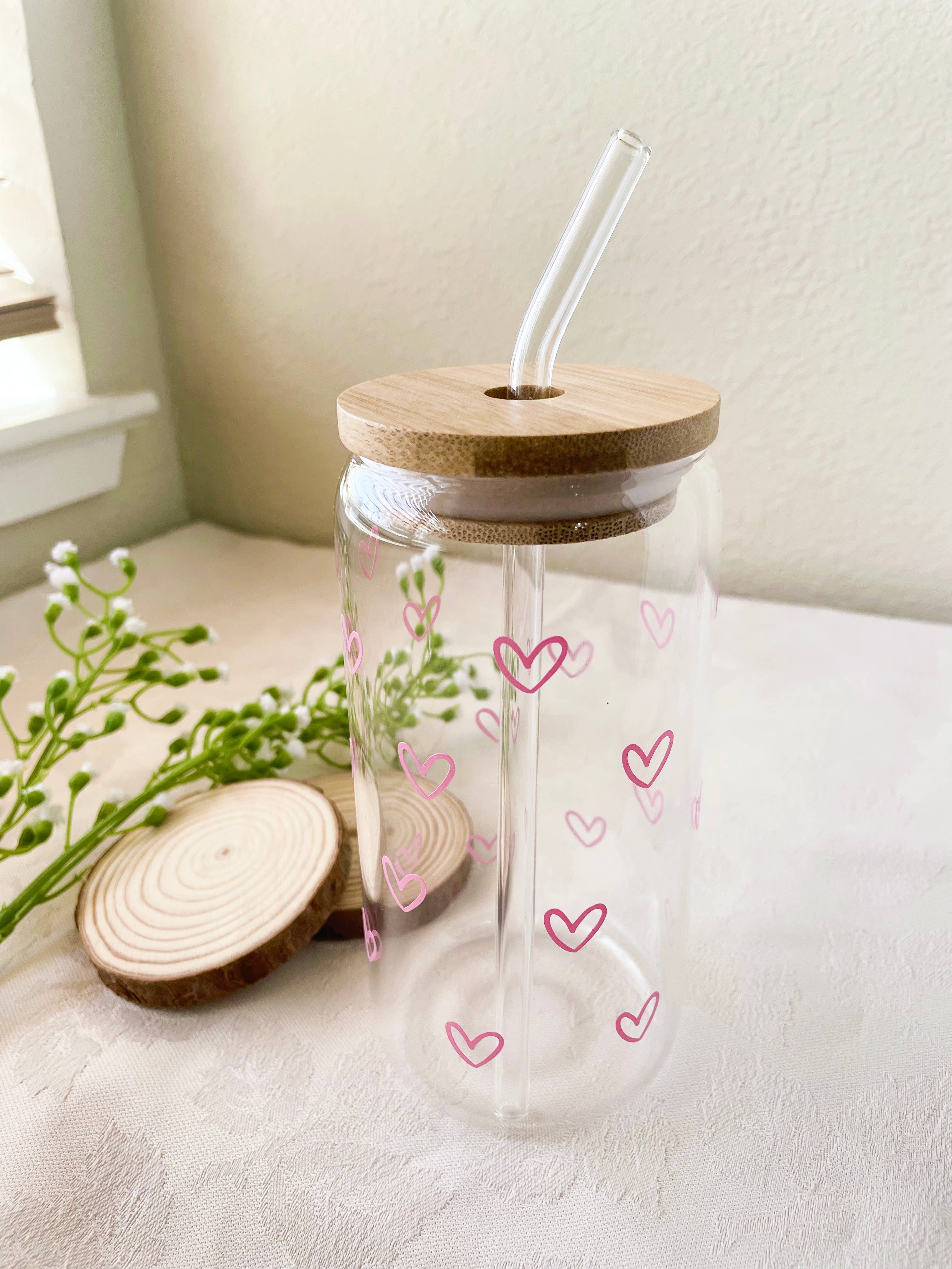 Iced Coffee Cups, Valentines Cups Gifts for Her Women 18 OZ Hearts Cup Beer  Glass, Love Can Couple Drinking Glasses, Glass Cups with Bamboo Lids and