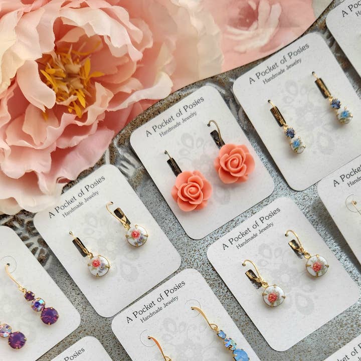 A Pocket of Posies - Wholesale Dangle Earrings - Little Blue Rose Cameo Earrings - Vintage Glass