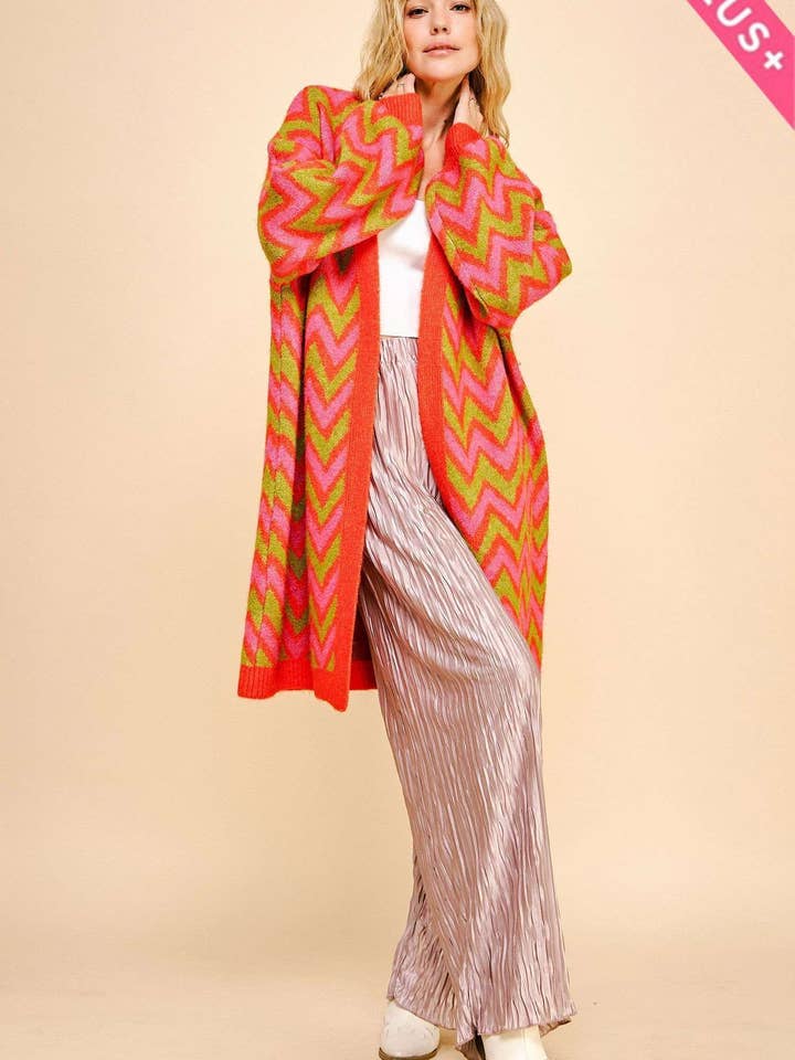 Red PLUS MULTI COLOR CHEVRON ZIGZAG LONGLINE CARDIGAN for wholesale on Faire