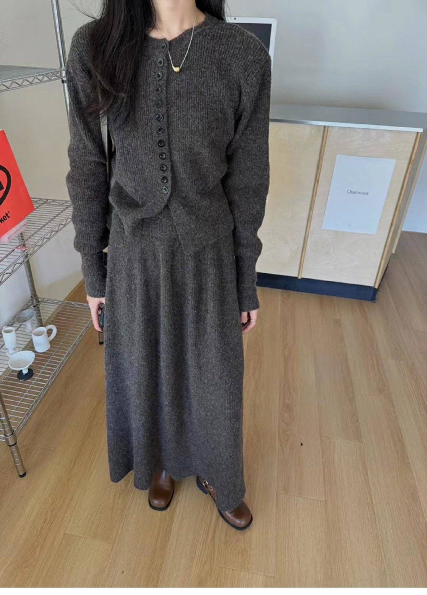 Marayn - Wholesale Top & Skirt Set - Women's - Korean Chic Knit Set Cardigan  Skirt0