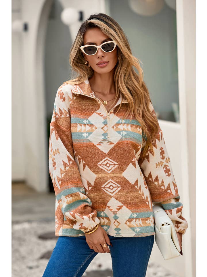 Khaki LDC Quarter Zip Elastic Cuffs Western Sweatshirt for wholesale on Faire