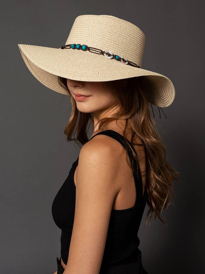 HAT2331 Brianna Wide Brim Boater Hat w/ Beaded Trim for wholesale by Jen & Co.