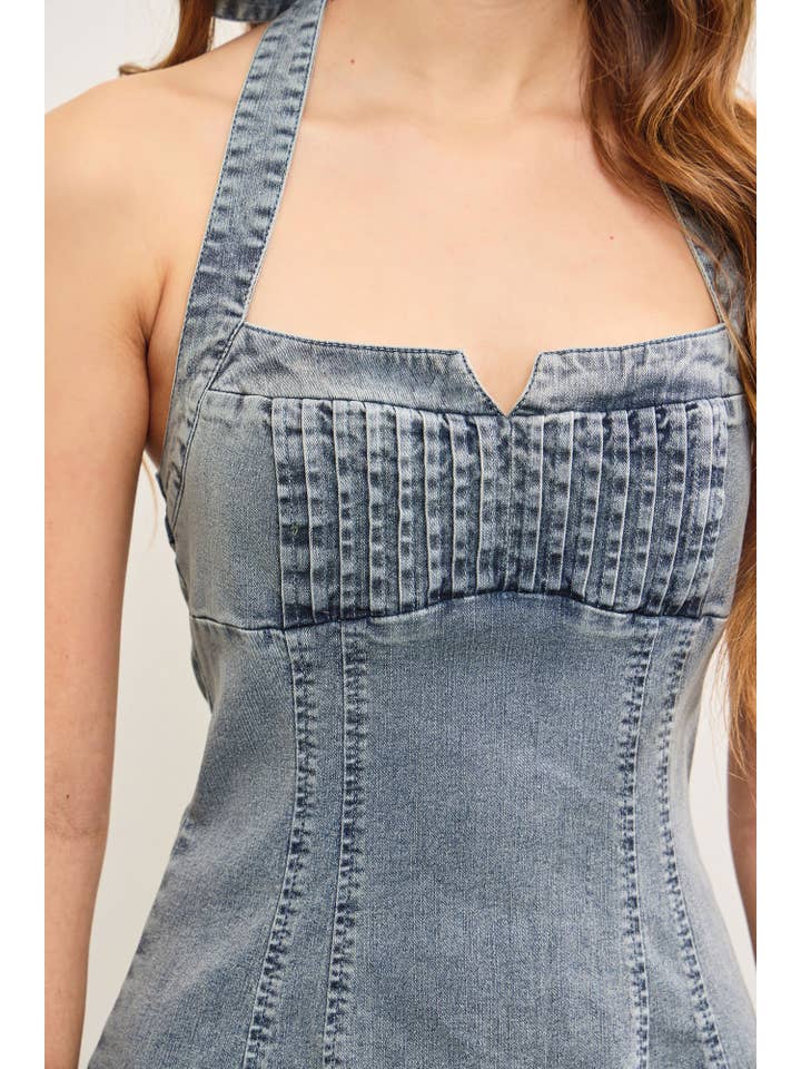 TIED HALTER NECK FLARE DENIM DRESS for wholesale on Faire