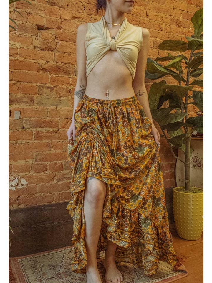 Gardenbelle Shop – Großhandel Rock – Damen – Hippie-Boho-Seidenrock, Maxirock mit Rüschen und Blumenmuster