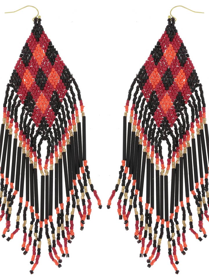 Checkered Native American Beaded Tassel Earrings for wholesale by SP Sophia Collection